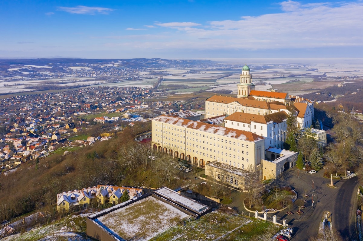 Pannonhalma, Hungary - Aerial view of the Benedictine Pannonhalma Archabbey on the top of Mount of Saint Martin. This is the second largest territorial abbey in the world.