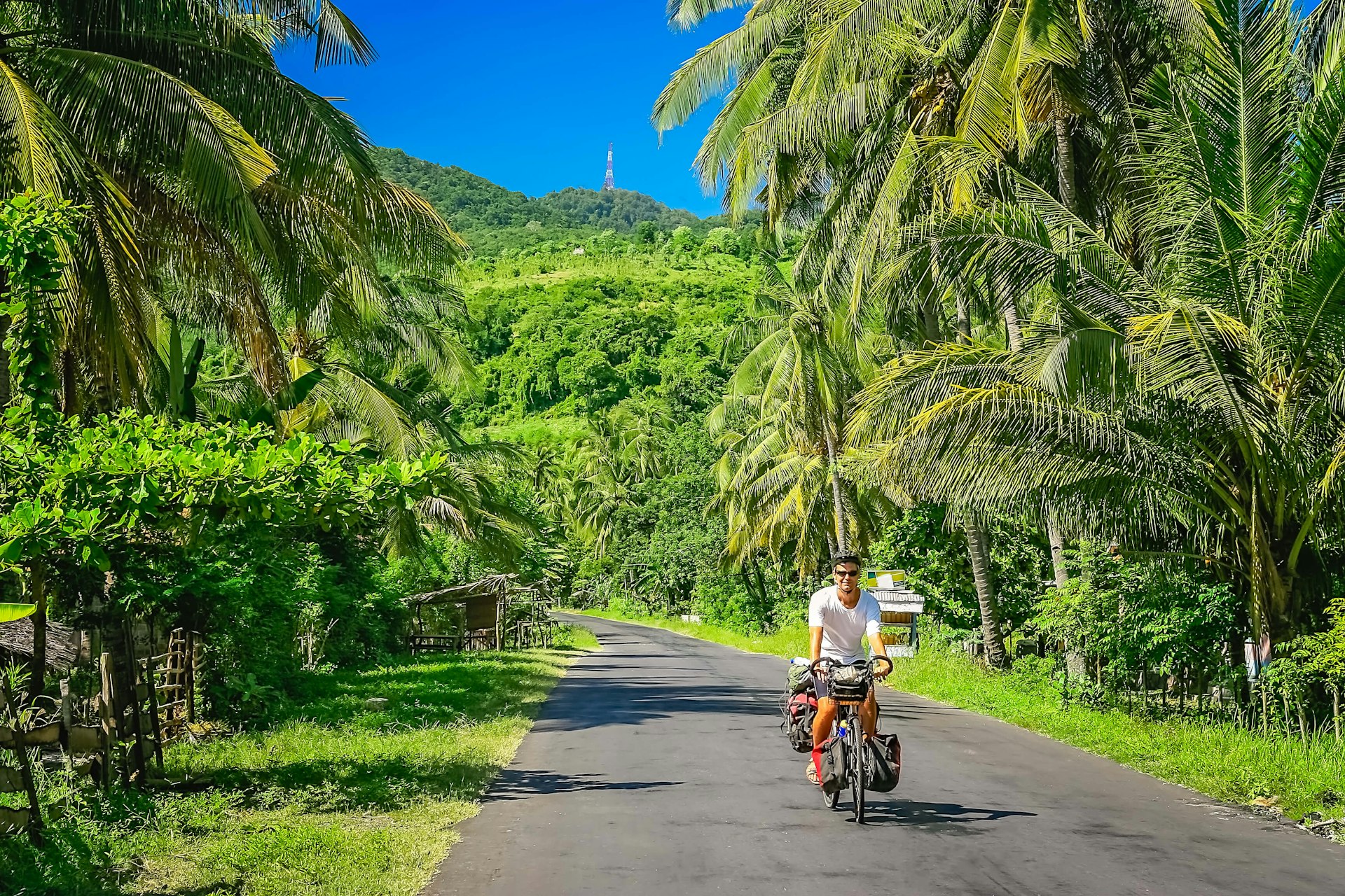 Male cyclist riding through the dense jungle of Sumbava island, Indonesia