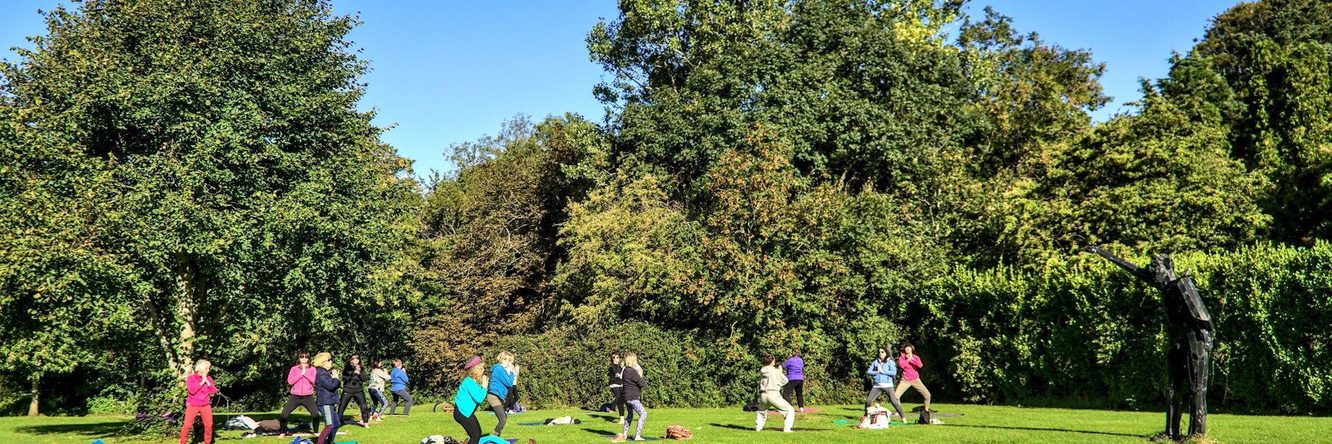 Dublin, Ireland - Sept 26, 2020: Big group of adult people attending outdoor class, practicing social distancing and exercising yoga outside on lawn on sunny warm autumn day in Marlay Park. Lifestyle; Shutterstock ID 1901169343; your: Bridget Brown; gl: 65050; netsuite: Online Editorial; full: POI Image Update