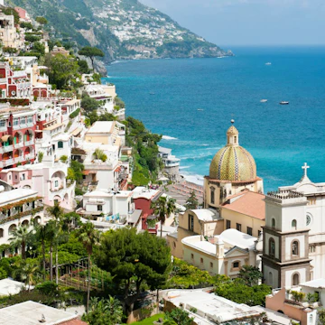 View of Positano with Chiesa di Santa Maria Assunta Church, Positano, Salerno, Amalfi Coast, Campania, Italy - stock photo