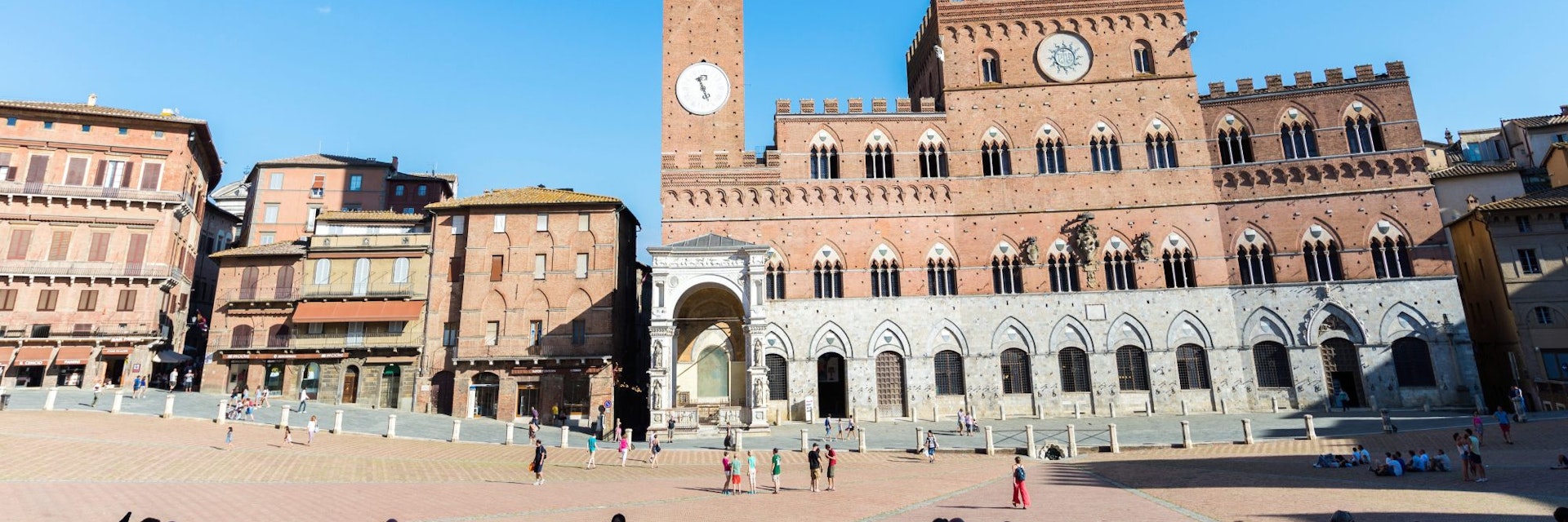Piazza del Campo, Siena, Italy - stock photo
Pictured is the Torre del Mangia and town hall building which also houses the Museo Civico