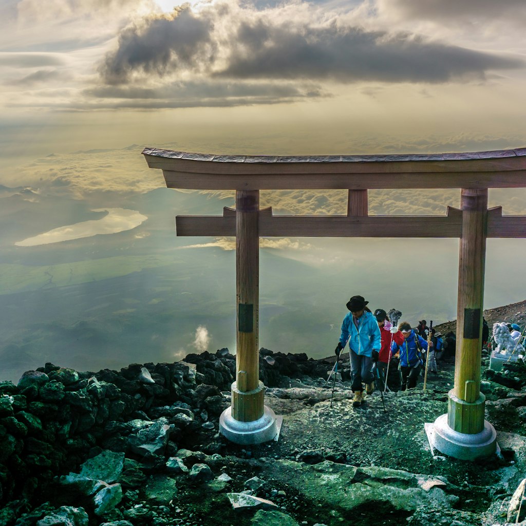 MOUNT FUJI, YAMANASHI, JAPAN - July 25, 2017 : Torii on top of Fuji mountain . Fuji is highest mountain in Japan at 3,776 m, symbol of Japan .