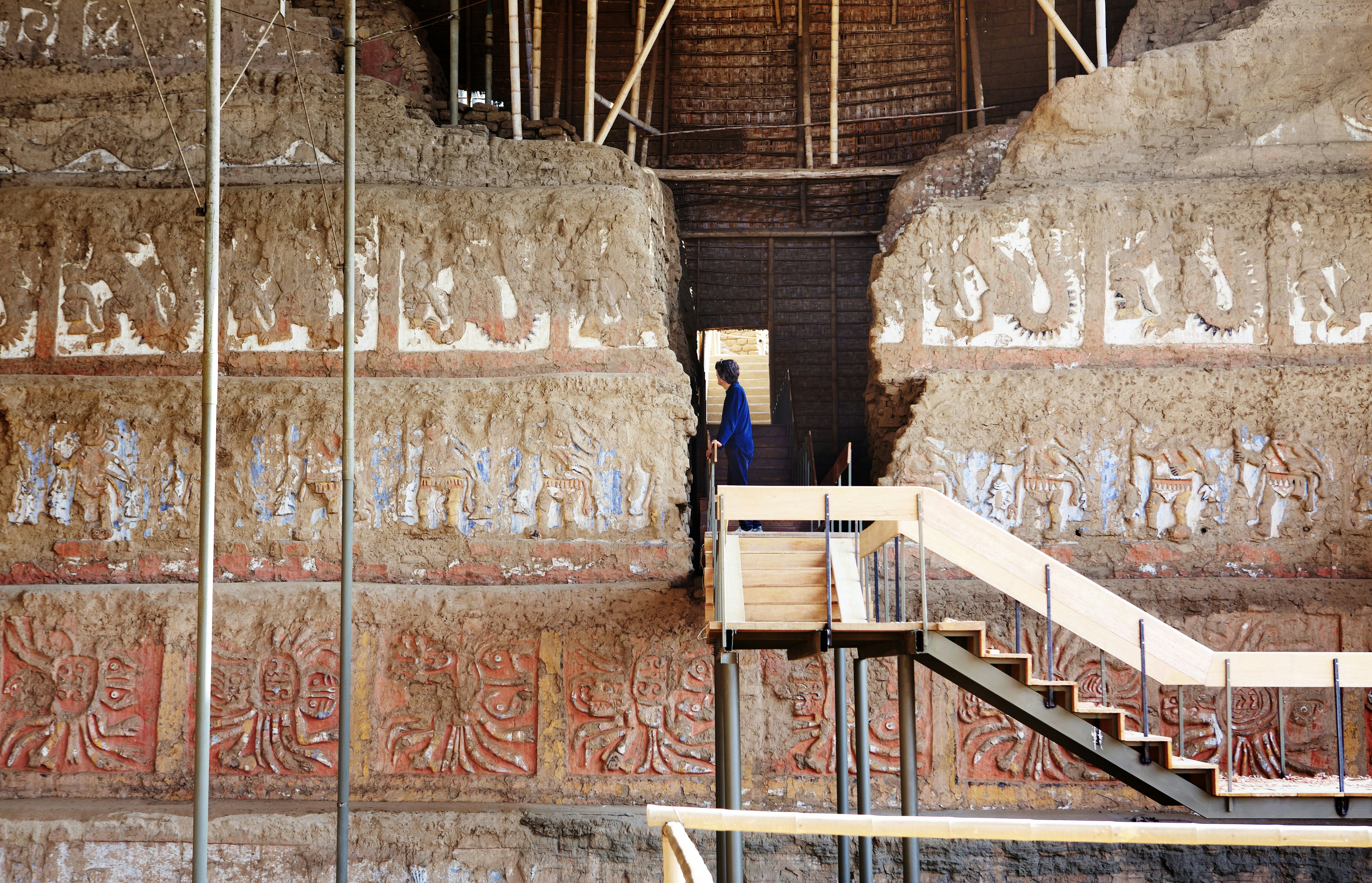 Intricate carved interior of Huaca de la Luna (Temple of the Moon) archaeological site.