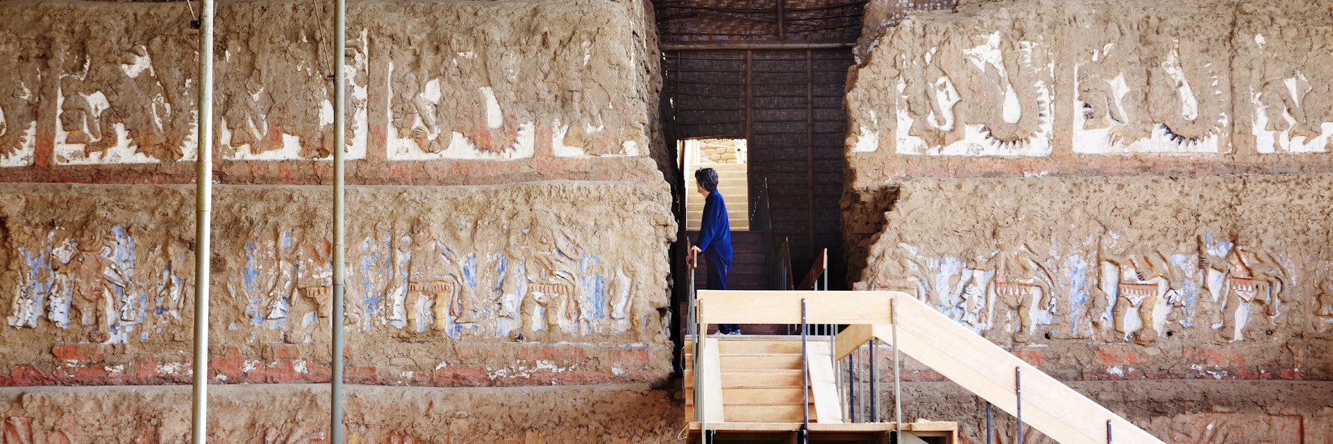 Intricate carved interior of Huaca de la Luna (Temple of the Moon) archaeological site.