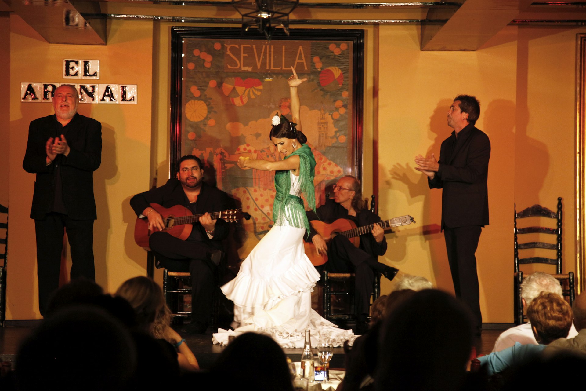 Maria Vargas Romero who's been a flamenco dancer for 25 years is performing at the tablao El Arenal, Seville, Andalucia, Spain.