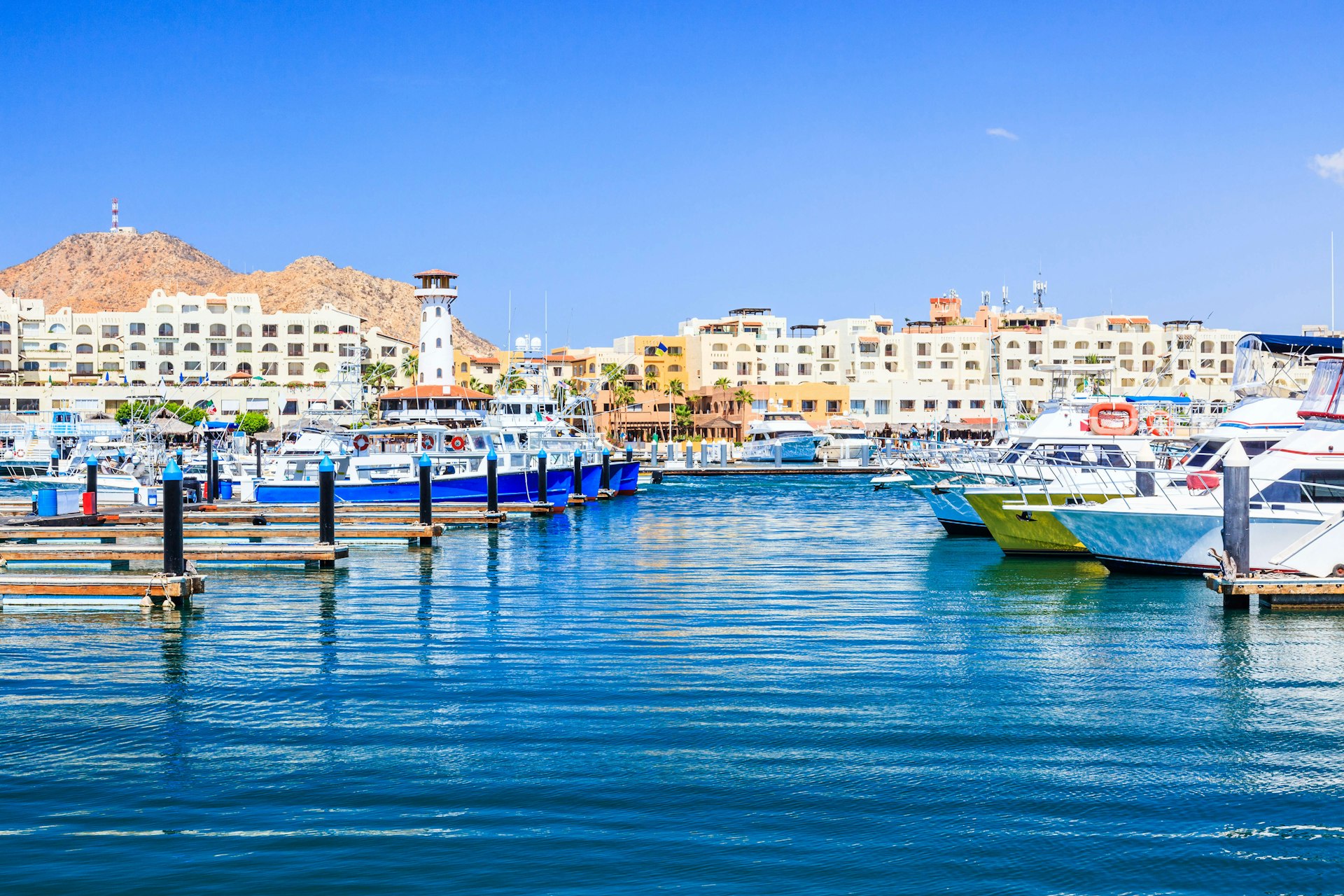 Two rows of boats in the turquoise water of the Cabo San Lucas marina with buildings in the distance