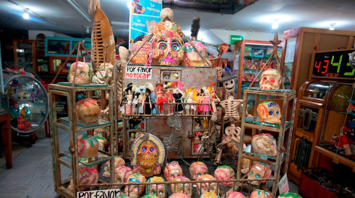 View of sugar skulls, a common gift for children and decoration for the "Day of the Dead", at the "Museo del Juguete Antiguo México" in Mexico City on October 20, 2020. - The collection of skulls is from 1968 and were made as gifts for the different sports delegations that participated in the 1968 Mexico Olympic Games. (Photo by ALFREDO ESTRELLA / AFP) (Photo by ALFREDO ESTRELLA/AFP via Getty Images)