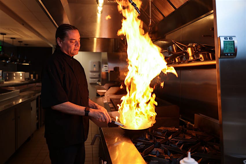 Chef, Sean Sherman in Owamni's kitchen, Owamni by The Sioux Chef; Minneapolis, Minnesota Chef, Sean Sherman in Owamni's kitchen, Owamni by The Sioux Chef; Minneapolis, Minnesota