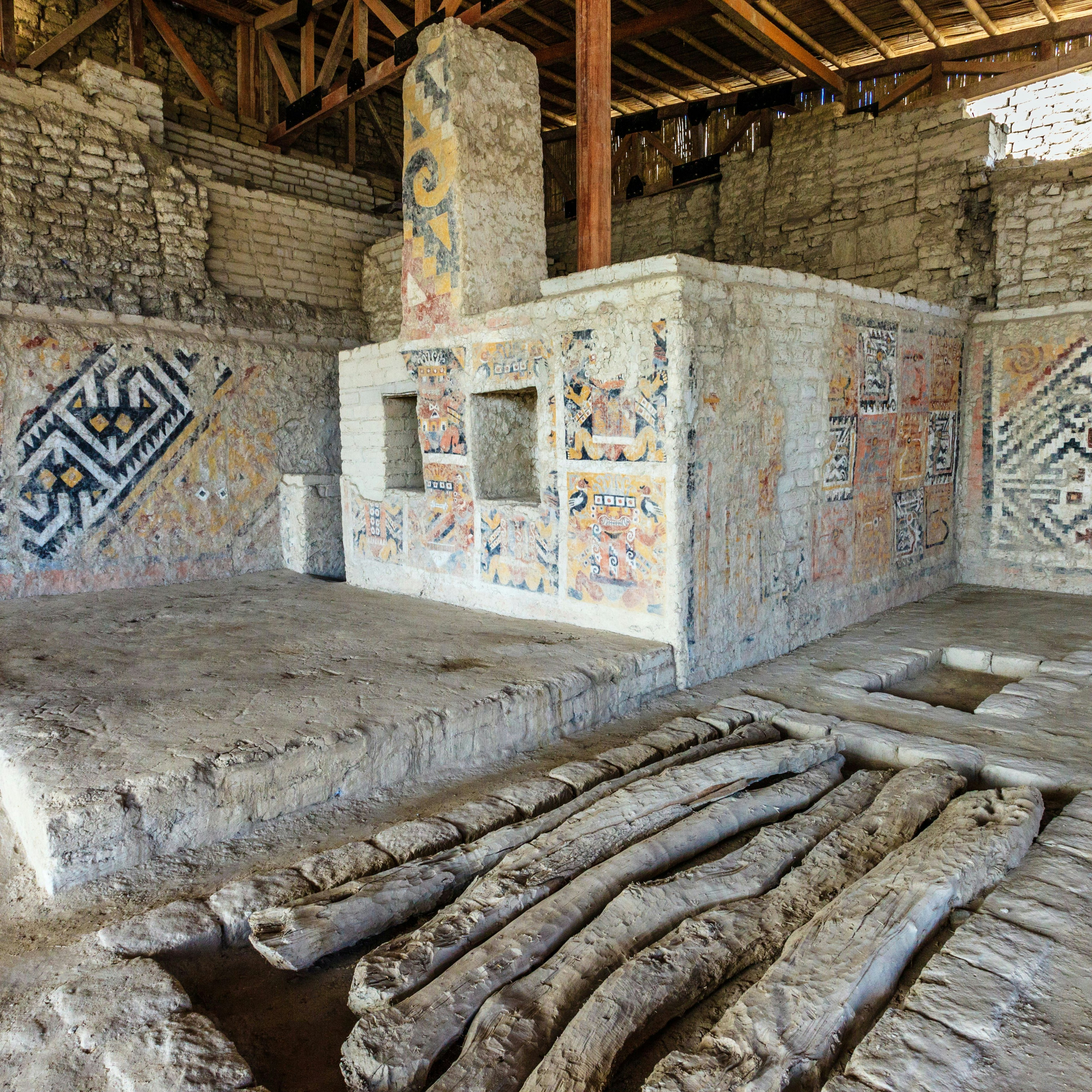 El Brujo Archaeological Complex, just north of Trujillo, La Libertad Province, Peru, is an ancient archaeological site of the Moche Civilisation in the Chicama Valley. Building archaeology unveils seven phases of construction spanning the early and middle phases of Moche era. Huaca Cao Viejo is famous for its polychrome reliefs and mural paintings, and the discovery of the Señora de Cao. The 25 year old woman buried here was believed to be a 3rd century AD female ruler of the Moche state, and her tomb was full of gold and other previous artifacts. The murals at the complex also depict the ritual human sacrifice that took place here regularly: teams of men would engage in ritual battles and the losing team would willingly be sacrificed to the gods to ensure fertility and peace in the community. Murals show the naked warriors (with fully erect penis) being marched to the sacrificial platform to be decapitated and blood to be collected for the gods.