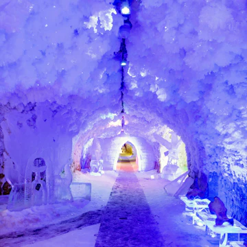 Yakutsk, Russia - CIRCA 2017: The scenery inside Permafrost Kingdom, a tourist attraction in Yakutsk, Sakha Republic, Russia. It is an underground cave with a lot of ice statues and sculptures.