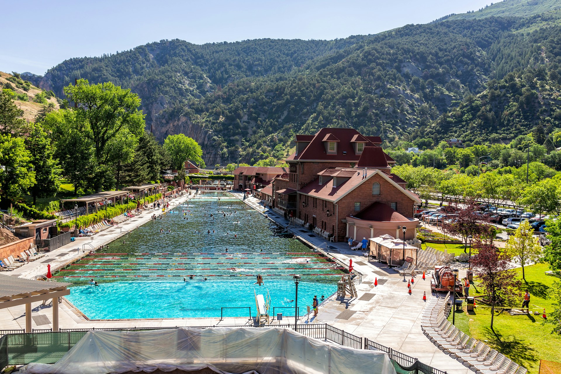 High angle view of Glenwood Springs in Colorado with its enormous pool in front of the main building