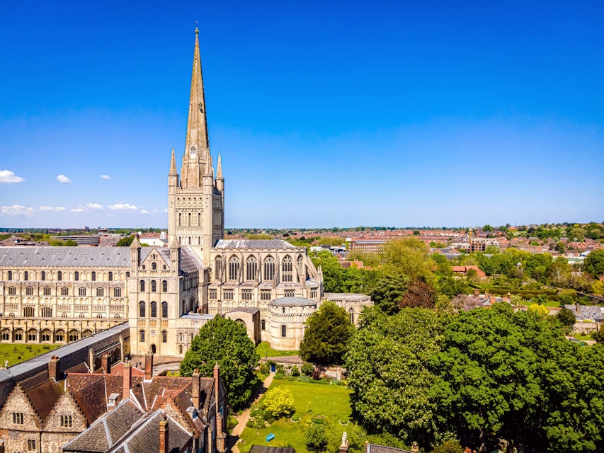 Aerial view of Norwich Cathedral located in Norwich, Norfolk, UK