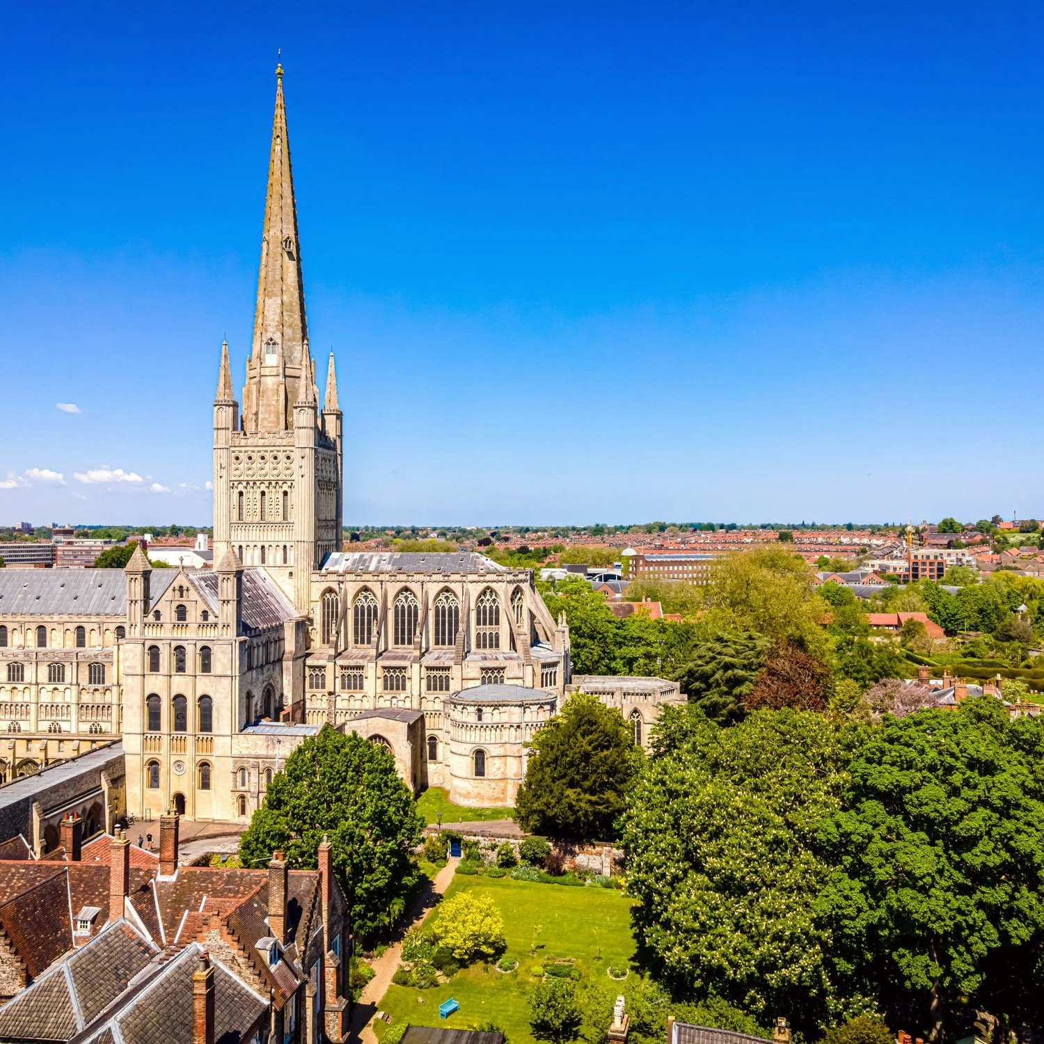 Aerial view of Norwich Cathedral located in Norwich, Norfolk, UK