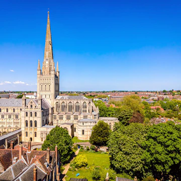 Aerial view of Norwich Cathedral located in Norwich, Norfolk, UK