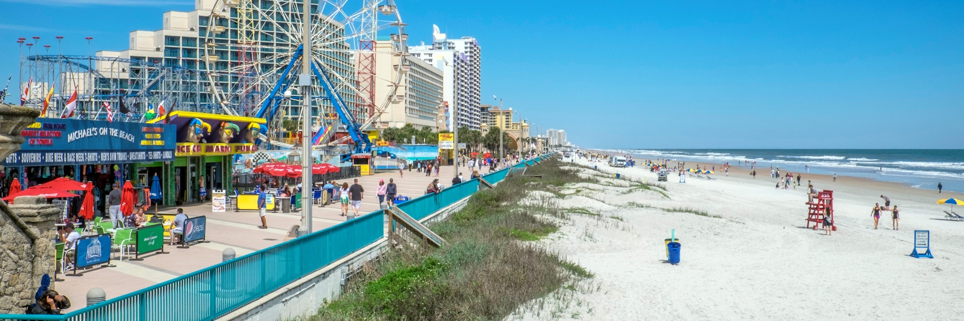 Daytona Beach is a city in Volusia County, Florida, United States. It lies about 51 miles (82.1 km) northeast of Orlando, 86 miles (138.4 km) southeast of Jacksonville, and 242 miles (389.5 km) northwest of Miami. In the 2010 U.S. Census, it had a population of 61,005. It is a principal city of the Deltona-Daytona Beach-Ormond Beach, FL metropolitan statistical area, which was home to 590,289 people in 2010. Daytona Beach is also a principal city of the Fun Coast region of Florida.
Daytona boardwalk and pier