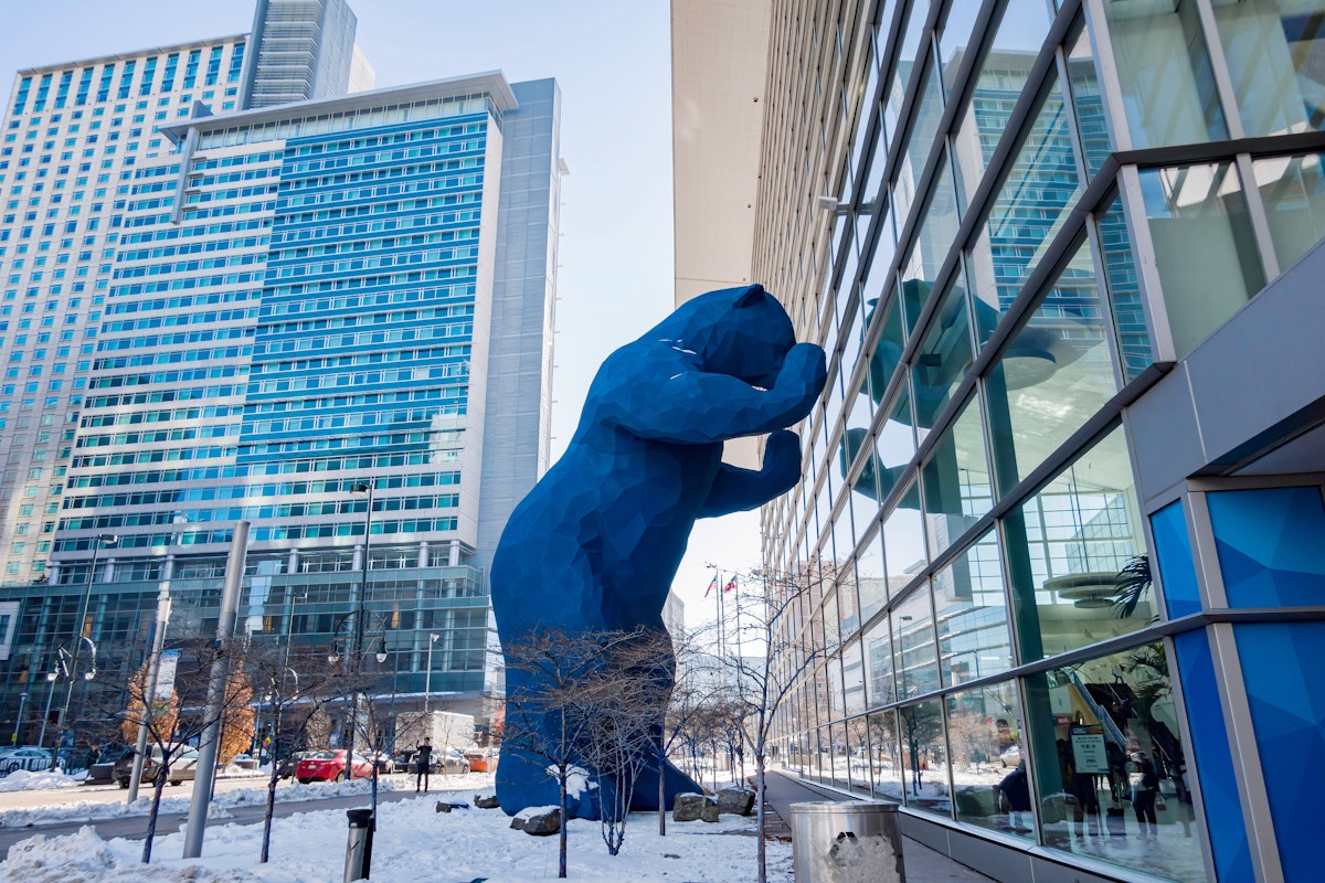 Morning view of the famous big Blue Bear by the Convention Center in Denver, Colorado.
