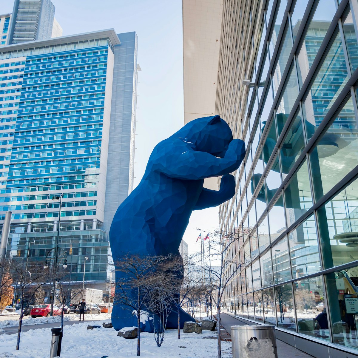 Morning view of the famous big Blue Bear by the Convention Center in Denver, Colorado.