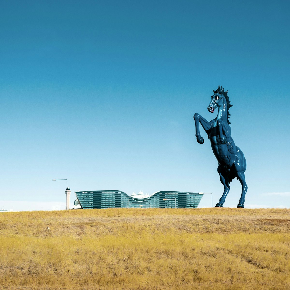 A sculpture of the symbol of Denver, the bronco, stands outside the airport.