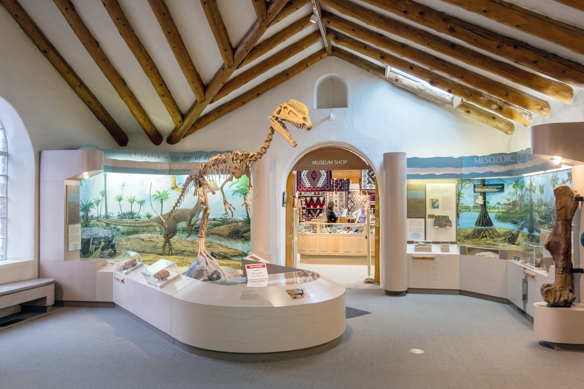 Flagstaff, Arizona, United States of America - January 5, 2017. Interior view of the Museum of Northern Arizona in Flagstaff, with dinosaur skeleton and exhibits.