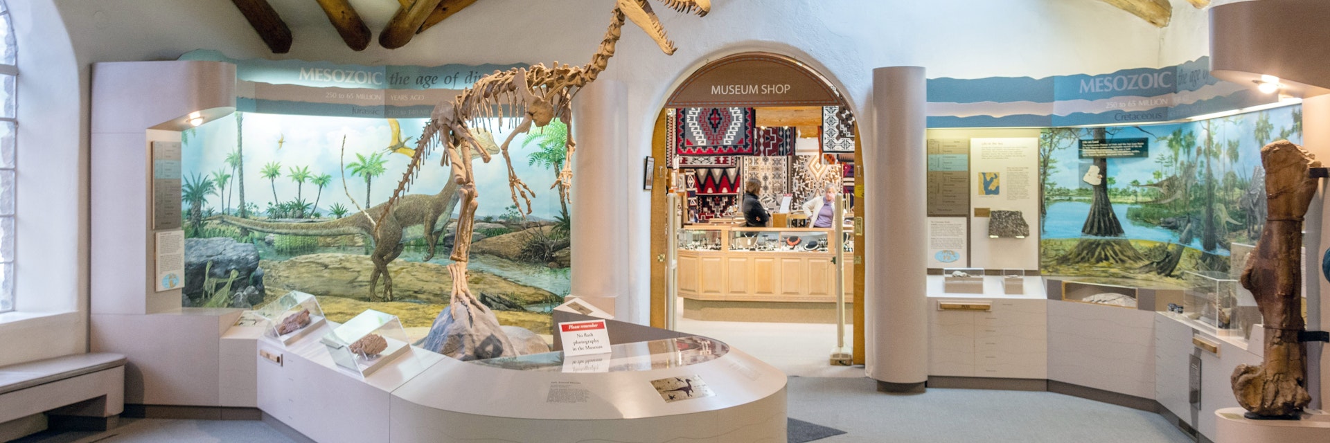 Flagstaff, Arizona, United States of America - January 5, 2017. Interior view of the Museum of Northern Arizona in Flagstaff, with dinosaur skeleton and exhibits.