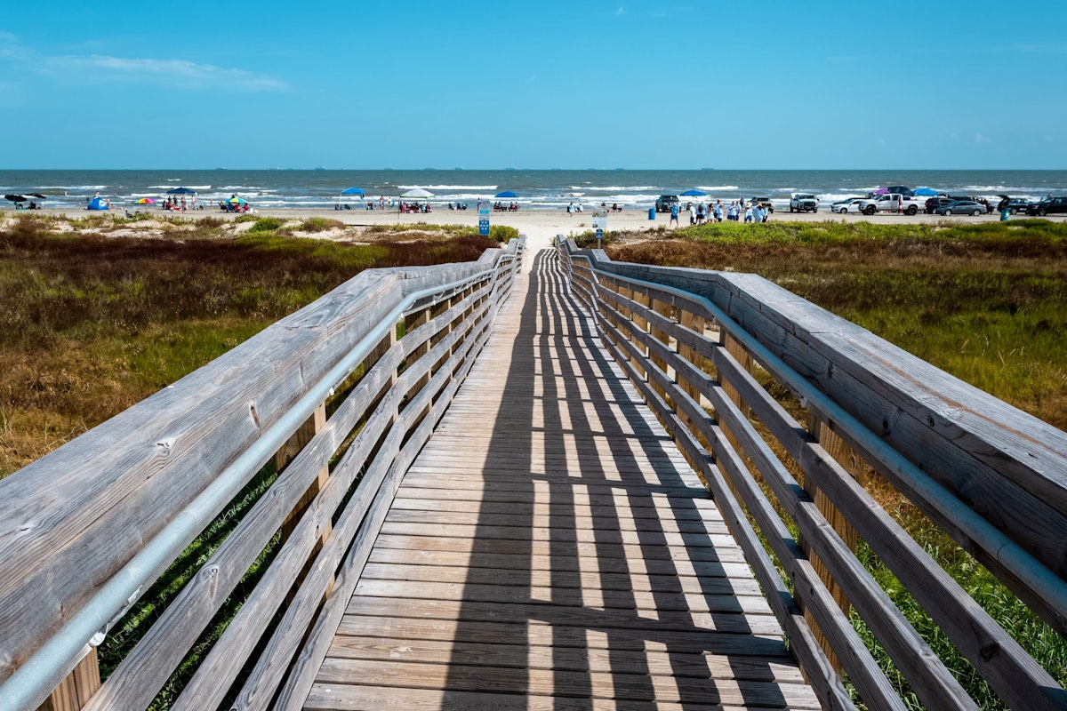 View of a boardwalk leading to East Beach Galveston Island Texas.