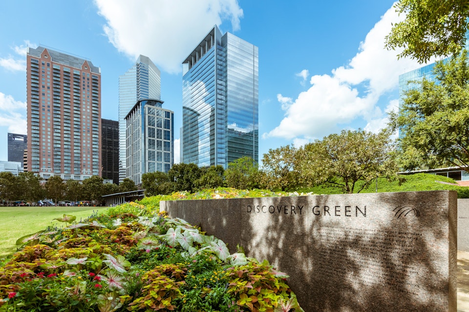 Houston, TX - April 22, 2018: View of downtown skyline from Discovery Green Houston Texas.