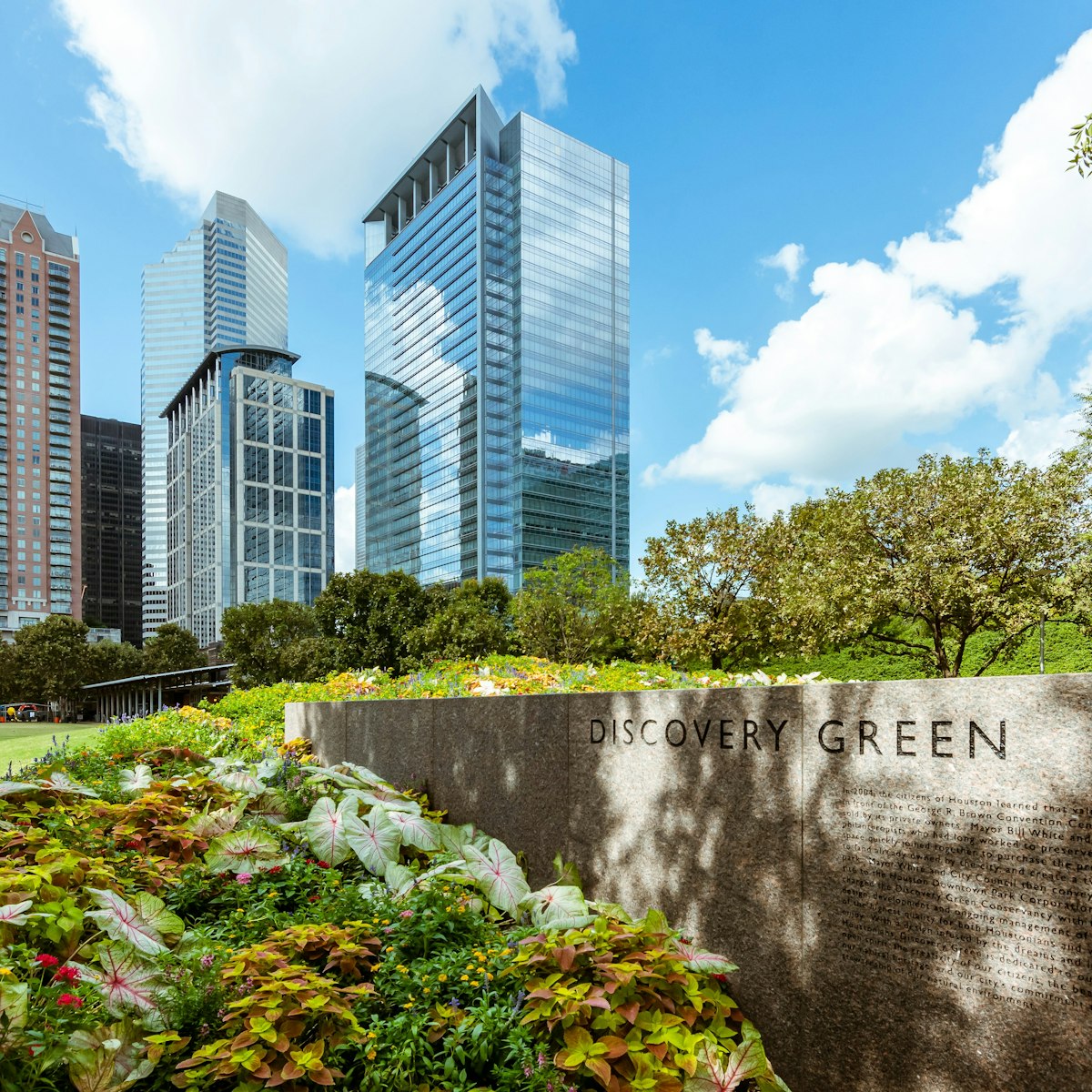 Houston, TX - April 22, 2018: View of downtown skyline from Discovery Green Houston Texas.