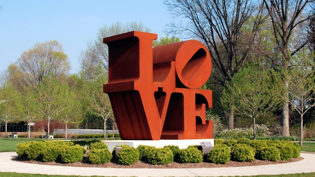 Love by American artist Robert Indiana, 1970. Gift of the Friends of the Indianapolis Museum of Art in memory of Henry F. DeBoest. Restoration was made possible by Patricia J. and James E. LaCrosse. (Photo by Indianapolis Museum of Art/Getty Images)