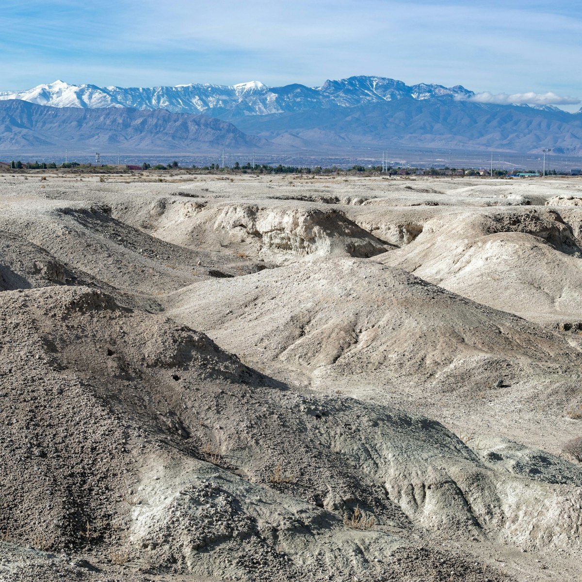 USA, Nevada, Clark County, Tule Fossil Beds National Monument: White gypsum hills at the urban fringe along the Las Vegas Wash with Mt. Charleston in the distance.; Shutterstock ID 1583690590; your: Bridget Brown; gl: 65050; netsuite: Online Editorial; full: POI Image Update