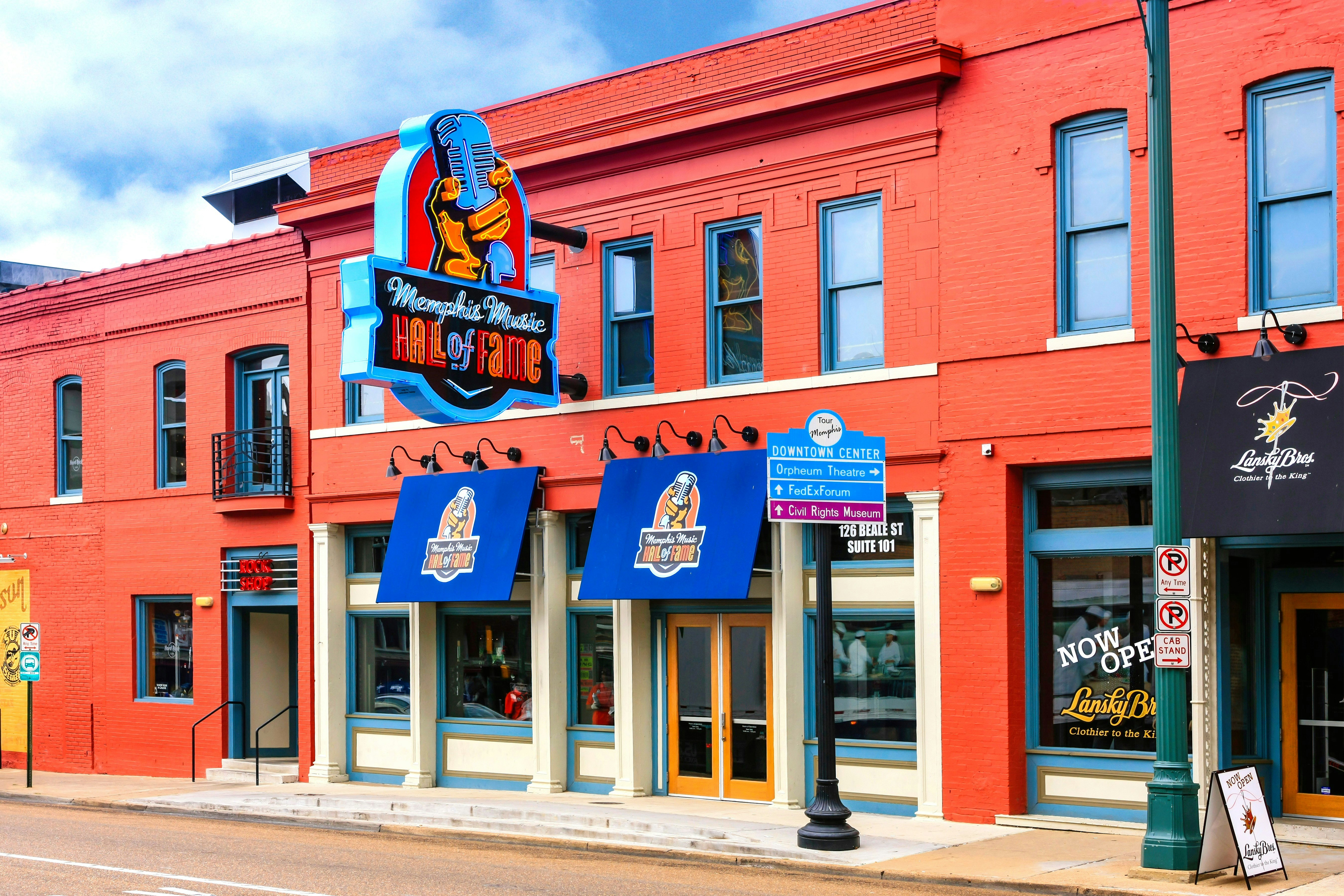 Memphis, TN, USA - August 5, 2015: The redbrick and blue trim Memphis Music Hall of Fame museum building