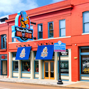 Memphis, TN, USA - August 5, 2015: The redbrick and blue trim Memphis Music Hall of Fame museum building