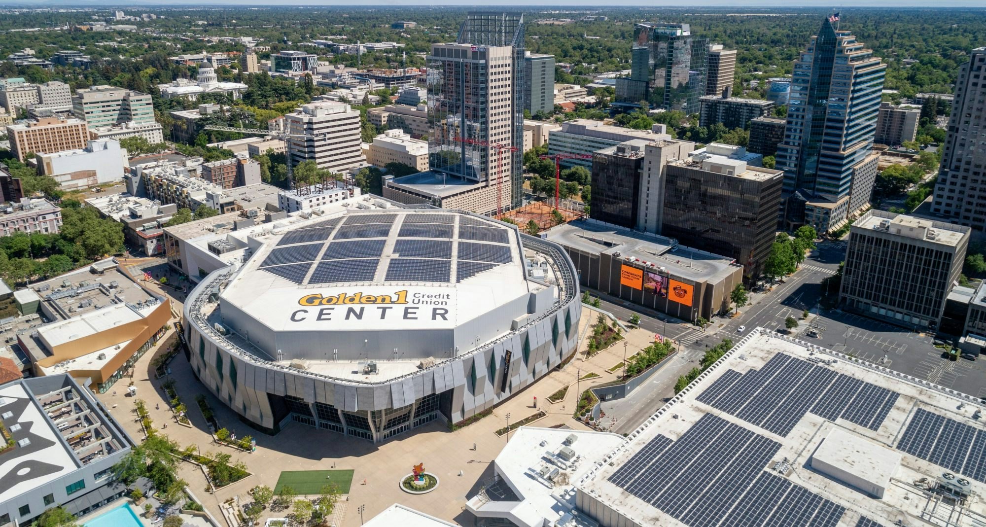 Sacramento California, USA - May 23, 2020: Downtown aerial view of the Golden 1 Center, home of the Sacramento Kings basketball team.