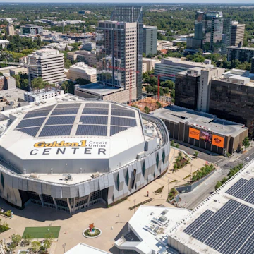 Sacramento California, USA - May 23, 2020: Downtown aerial view of the Golden 1 Center, home of the Sacramento Kings basketball team.