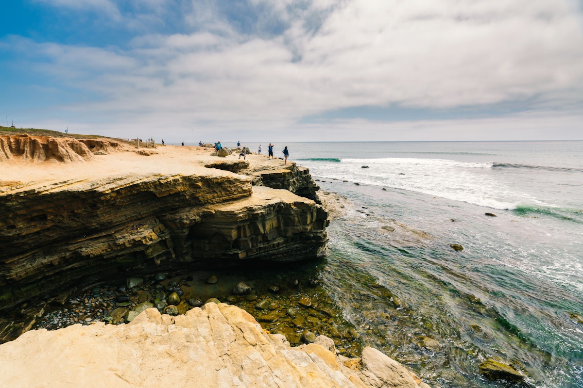 Sandstone Cliffs and ocean view. Point Loma tide pools, San Diego peninsula, California Coastline. San Diego, California/USA - August 13, 2019