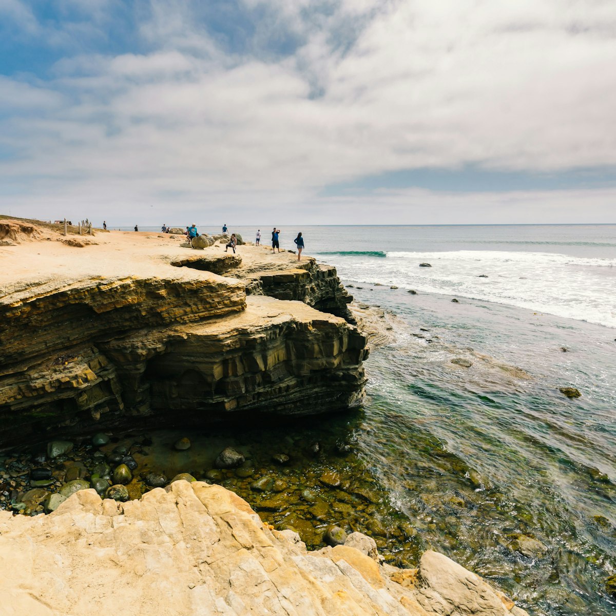 Sandstone Cliffs and ocean view. Point Loma tide pools, San Diego peninsula, California Coastline. San Diego, California/USA - August 13, 2019