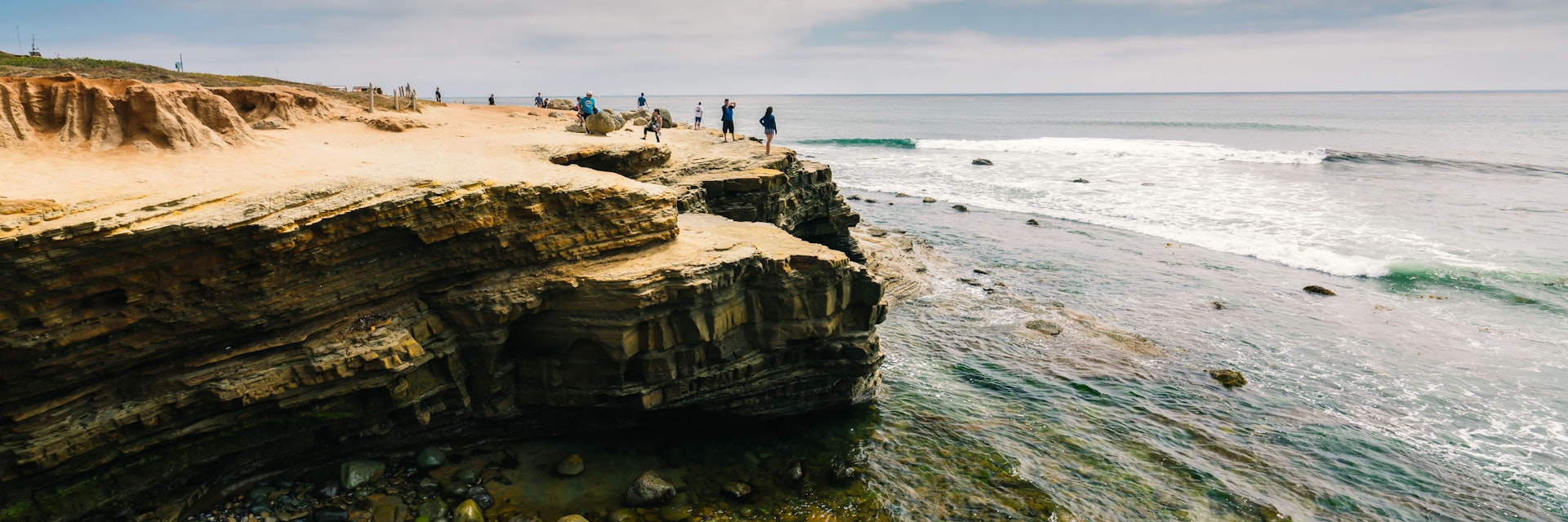 Sandstone Cliffs and ocean view. Point Loma tide pools, San Diego peninsula, California Coastline. San Diego, California/USA - August 13, 2019