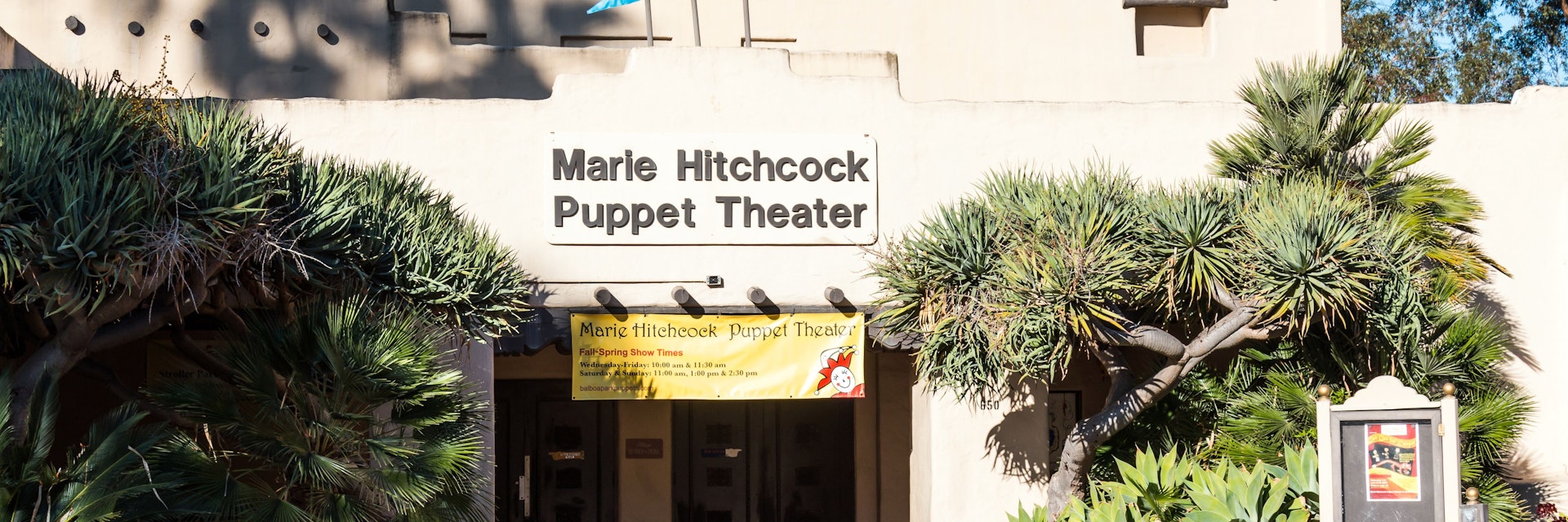SAN DIEGO, CALIFORNIA - FEBRUARY 17, 2018:  The Marie Hitchcock Puppet Theater in Balboa Park, North America's longest continually-running puppet theater, with shows beginning in 1945 after WWII.; Shutterstock ID 1027095214; your: Bridget Brown; gl: 65050; netsuite: Online Editorial; full: POI Image Update