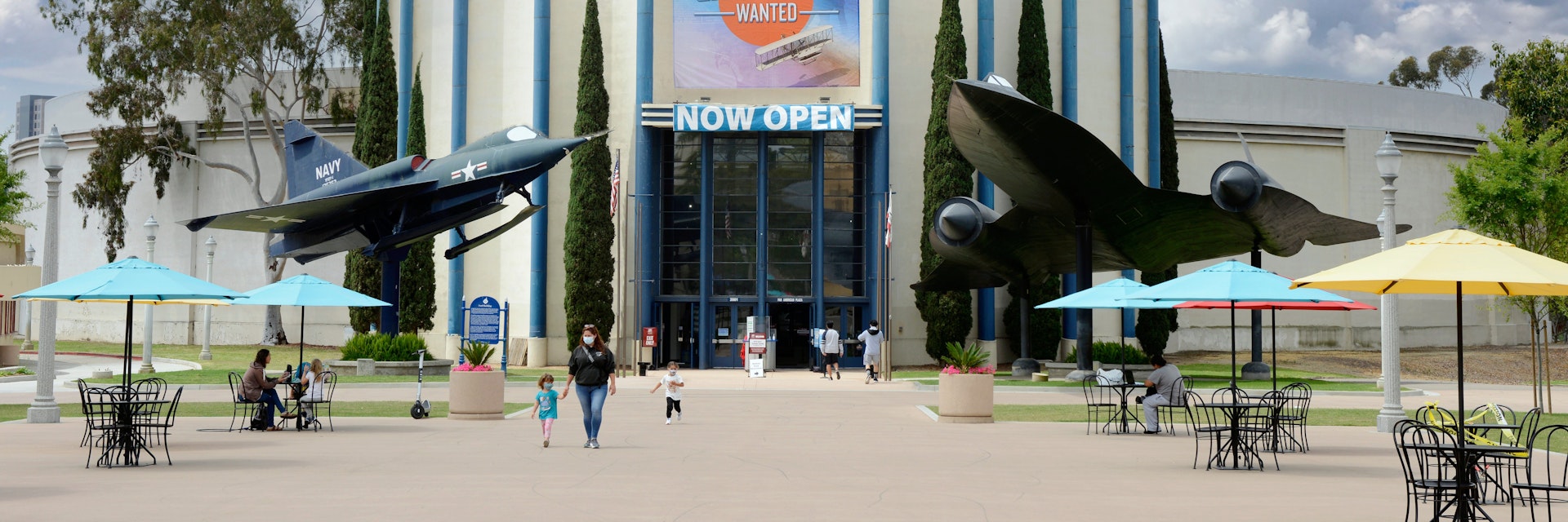 Outside the San Diego Air and Space Museum in Balboa Park with a Lockheed A12 Oxcart and Convair YF2Y-1 on either side of the entrance