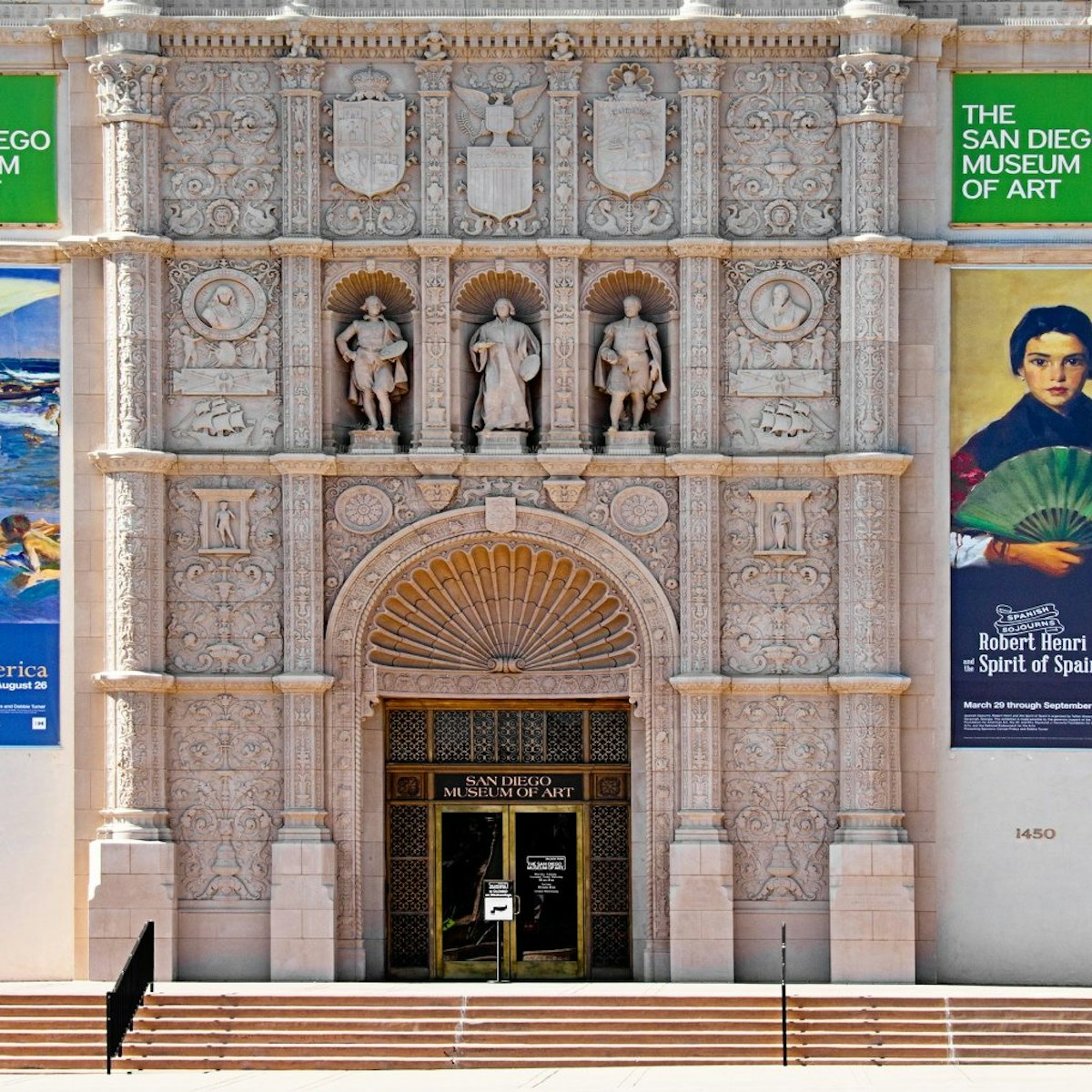 San Diego, USA- June 11, 2014: The San Diego Museum of Art is a fine arts museum located in Balboa Park in San Diego. The museum building was designed in a plateresque style to harmonize with existing structures from the Panama–California Exposition of 1915. The dominant feature of the facade is a heavily ornamented door inspired by a doorway at the University of Salamanca.
