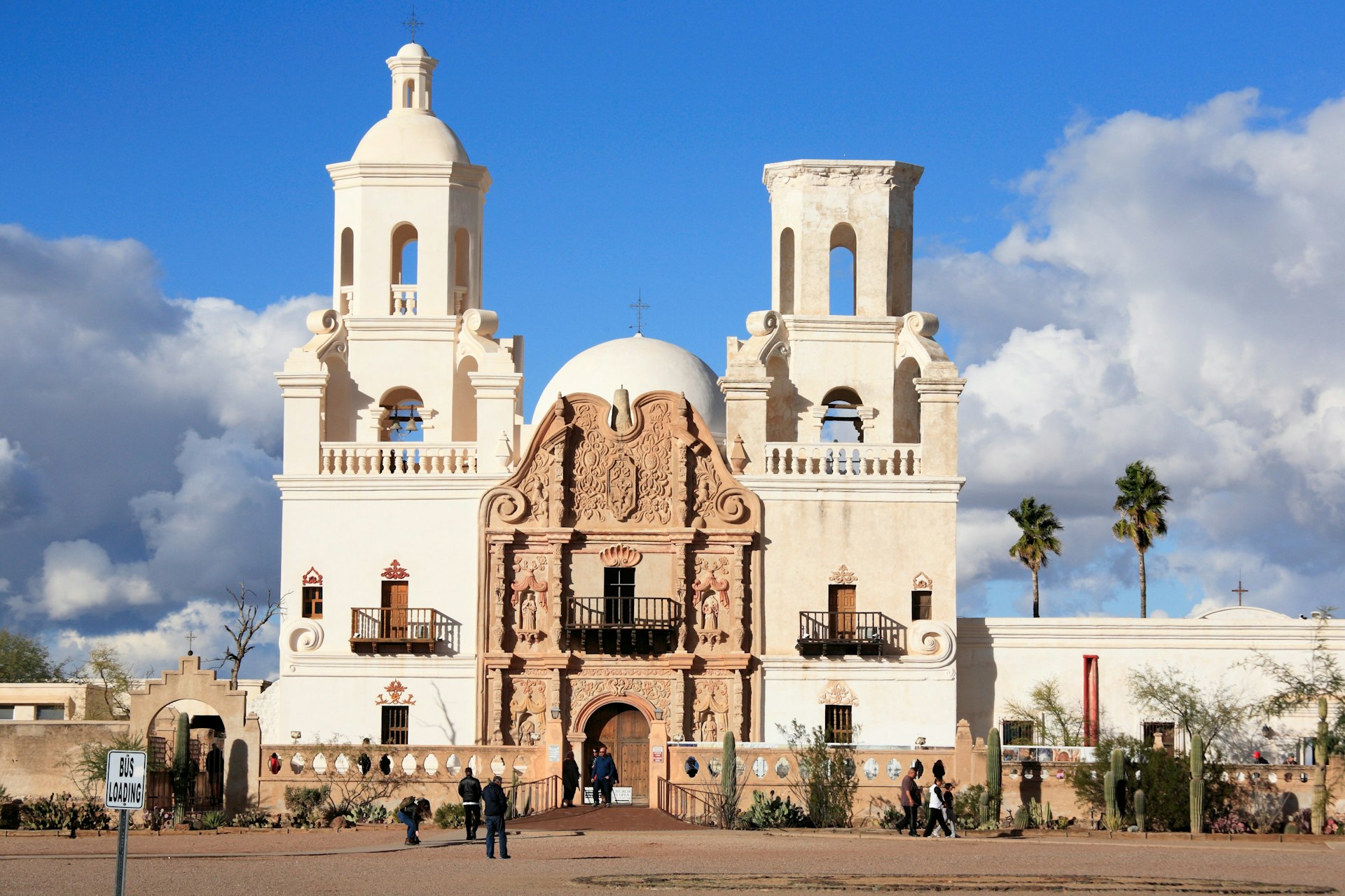 The famous Mission San Xavier del Bac under a dramatic sky in Tucson City, Arizona