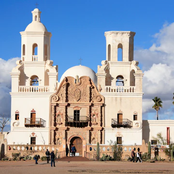 Tucson City, Arizona USA - Dec 26, 2018: The famous Mission San Xavier del Bac under a dramatic sky in Tucson City, Arizona on Dec 26, 2018