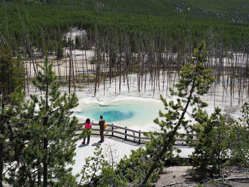 Two hikers at Cistern Spring, Norris Geyser Basin, Yellowstone National Park, Wyoming.
Two Hikers at Cistern Spring, Yellowstone National Park - stock photo
