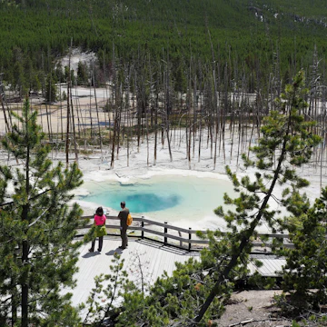 Two hikers at Cistern Spring, Norris Geyser Basin, Yellowstone National Park, Wyoming.
Two Hikers at Cistern Spring, Yellowstone National Park - stock photo