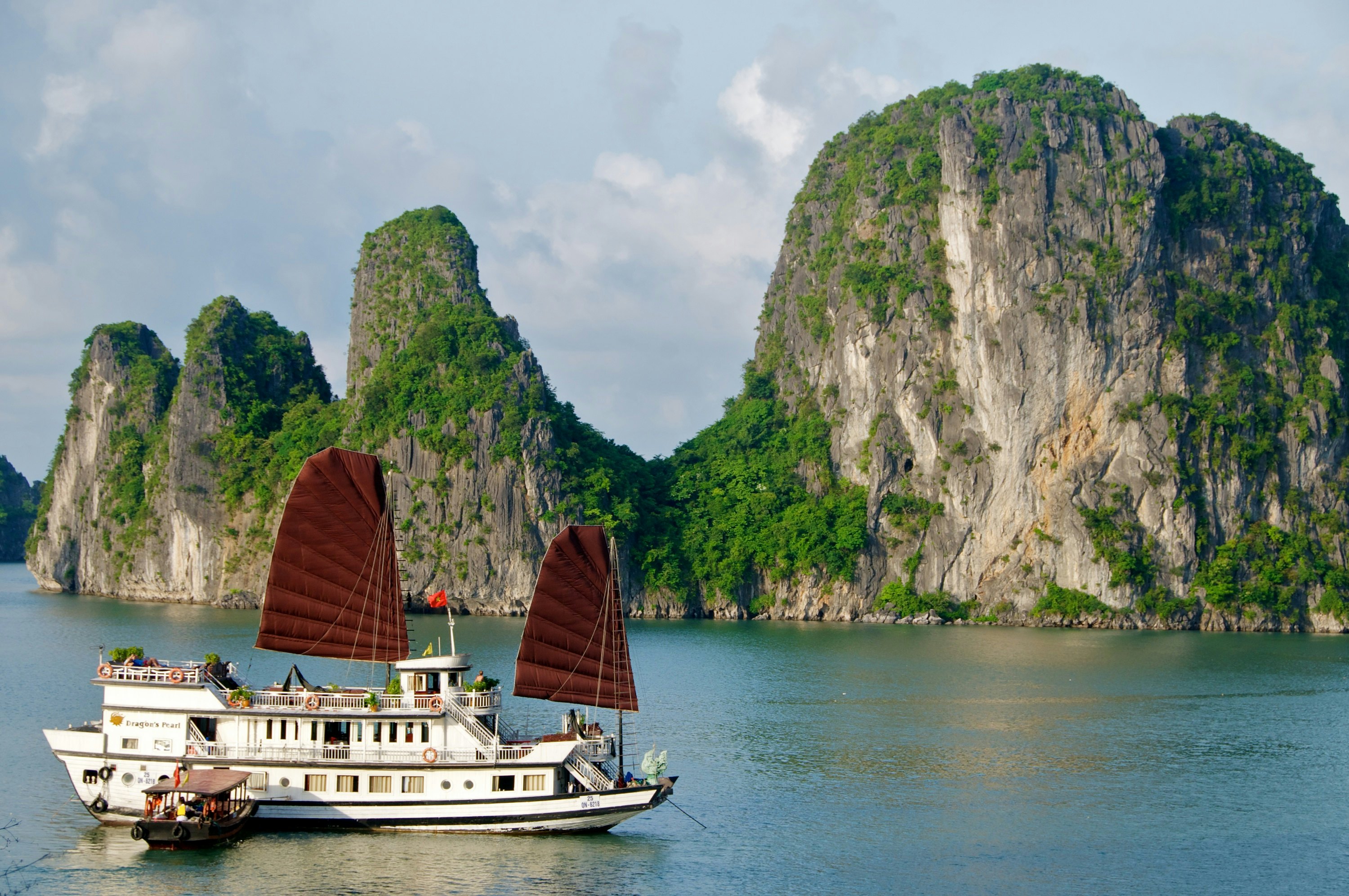 Cruise ship at anchor in Bai Tu Long Bay, Vietnam.