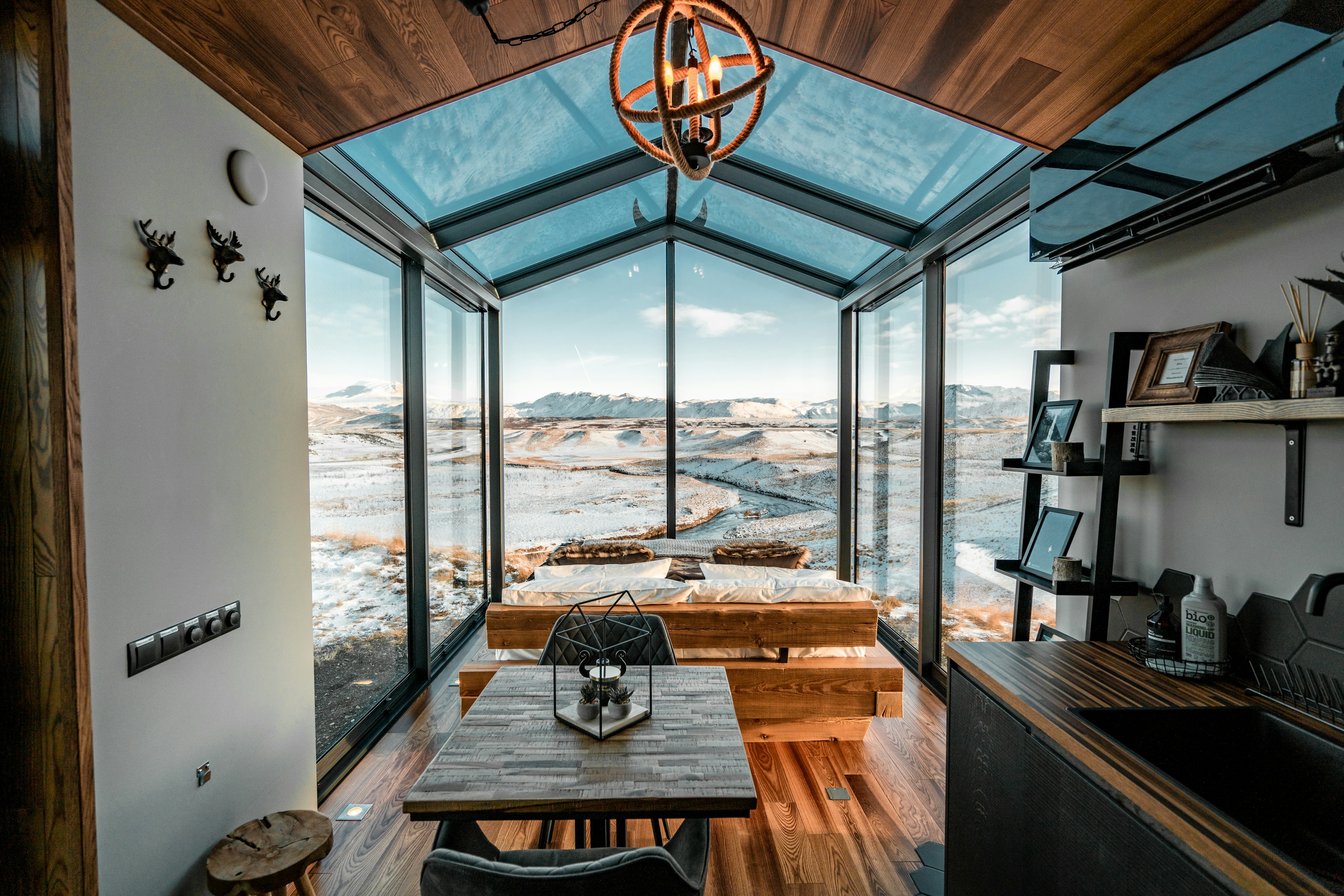 A suite with a window wall at Panorama Glass Lodge, Iceland