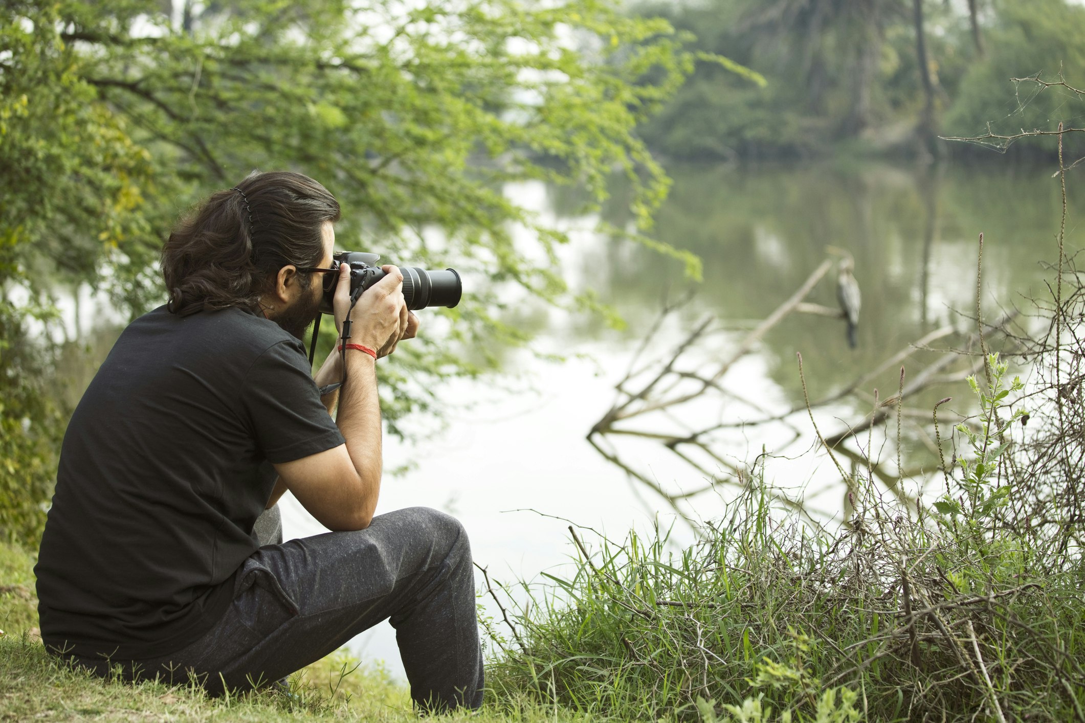 Man photographing Great Blue Heron at a national park in India