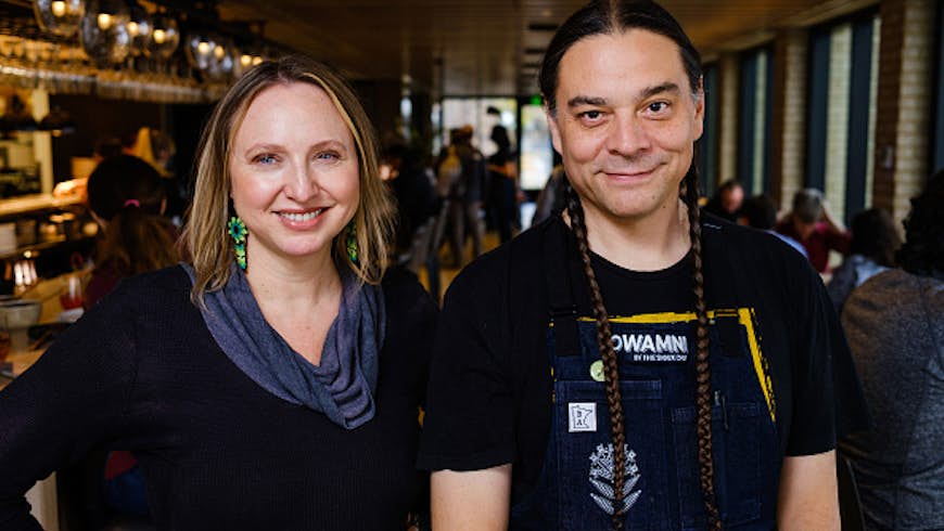 Co-owner Dana Thompson, left, and co-owner and chef Sean Sherman at Owamni by The Sioux Chef restaurant