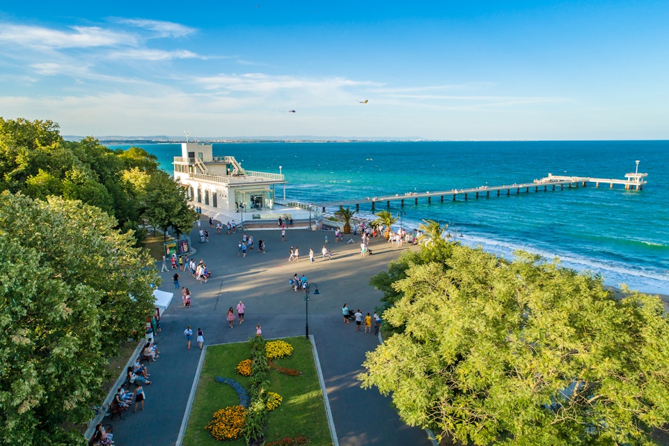 Stunning aerial drone view over the sea garden in Burgas, Bulgaria ultra wide shot. The scene is situated outdoors near sunset in Burgas, Bulgaria on the Black Sea shores. The photo is taken with DJI Phantom 4 Pro drone.