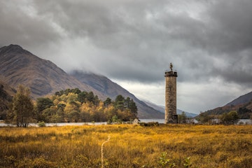 Panoramic view with famous Scottish lake Loch Shiel with Glenfinnan monument, Scotland.