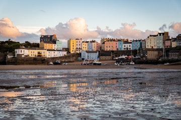 Tenby Colourful Houses and harbour at Sunset, Pembrokeshire, Wales, UK